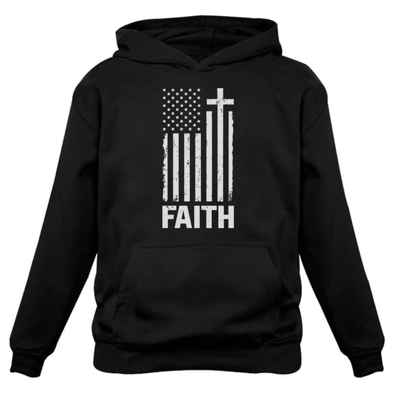 Faith & Freedom Women's Hoodie - Christian Distressed White USA Flag Design - Perfect Independence Day and Memorial Day Gift - Comfortable & Breathable Apparel for Women and Teen Girls - X-Large Black