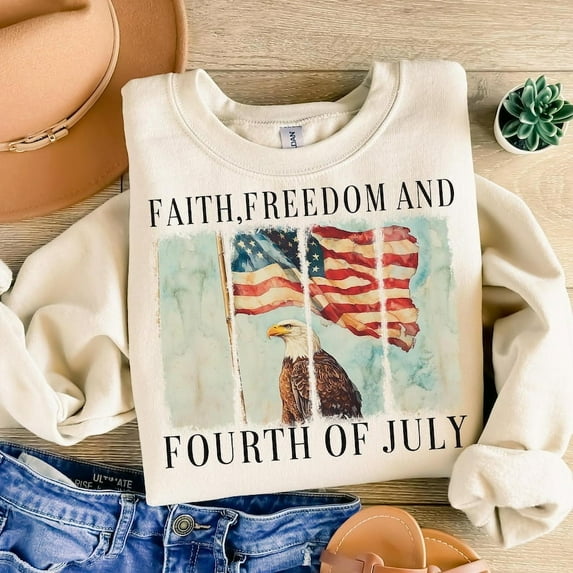 Faith Freedom and Fourth of July Sweatshirt, Christian USA Patriotic Pullover, Retro American Independence Day Shirt