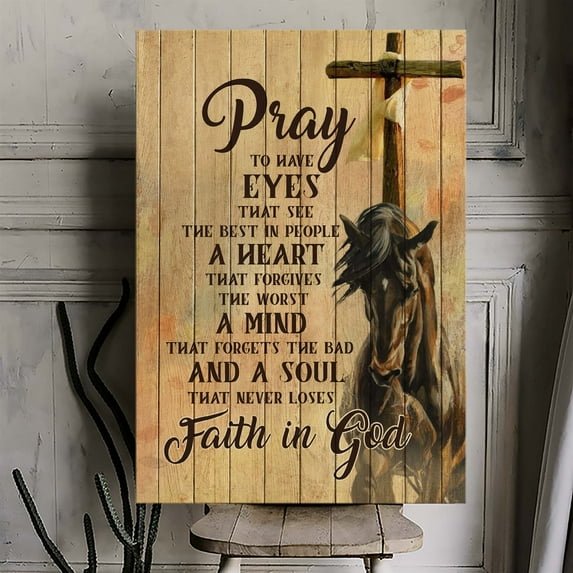 Faith in God Prayer Canvas Wall Art – Inspirational Rustic Horse and Cross Print – Christian Western Home Décor with Spiritual Quote – Country Farmhouse Style Wall Hanging – Ready to Hang