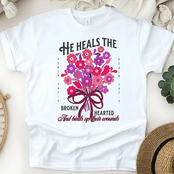 Faith Graphic Tee for Women – Bible Verse Shirt Heals the Brokenhearted, Flower Bouquet Design, White, Size S