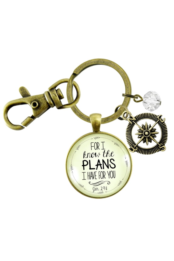 Faith Gutsy Goodness Bronze Keychain For I Know the Plans I Have For You Jeremiah Compass Clear Bead Charms