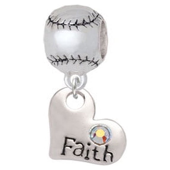 Faith Heart with AB Crystal - Softball Charm Bead