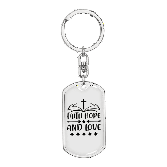 Faith Hope Cross Stainless Steel or 18k Gold Premium Swivel Dog Tag Keychain