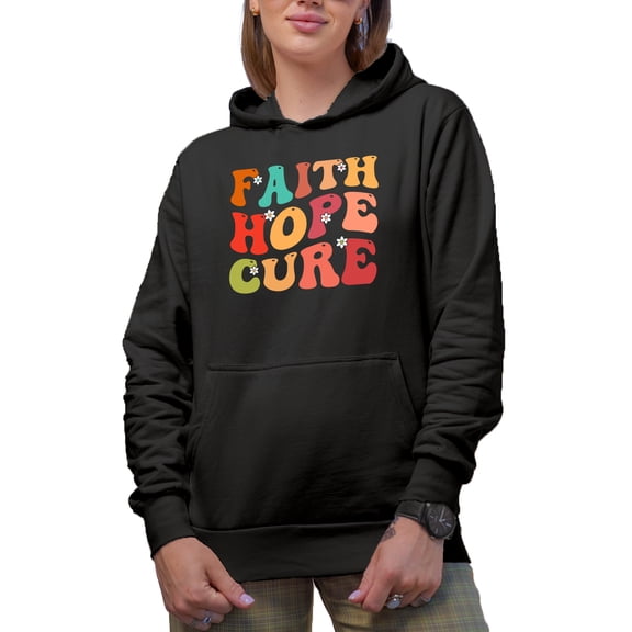 Faith Hope Cure, Breast Cancer Awareness Quote, Groovy Retro Wavy Text Merch Gift, Black Hooded Sweatshirt or Hoodie, Small