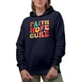 thumbnail image 1 of Faith Hope Cure, Breast Cancer Awareness Quote, Groovy Retro Wavy Text Merch Gift, Navy Blue Hooded Sweatshirt or Hoodie, Large, 1 of 5