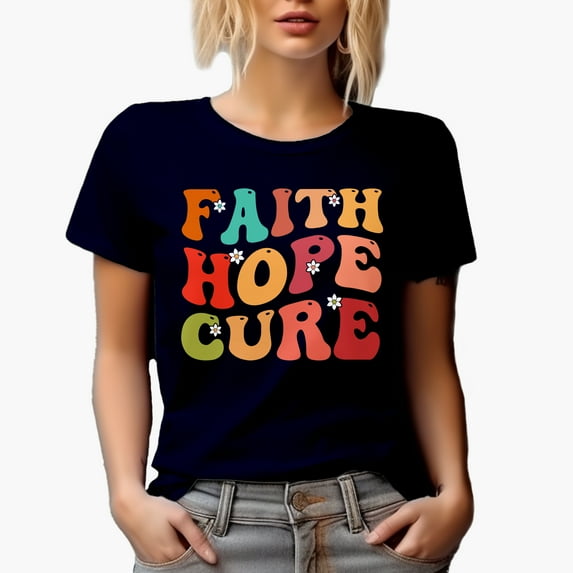 Faith Hope Cure, Breast Cancer Awareness Quote, Groovy Retro Wavy Text Merch Gift, Navy Blue T-Shirt, Small