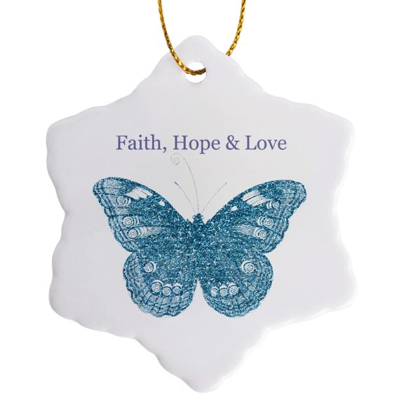 3drose, Faith, Hope, Love Aqua Glittery Butterfly, 3 inch Snowflake Porcelain Ornament