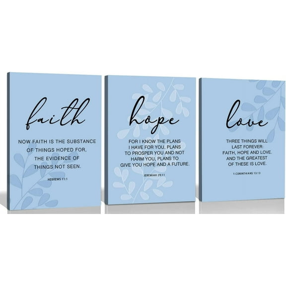 Faith, Hope & Love Bible Verse Inspirational Wall Art， Christian Canvas Wall Art, A Great Christian Religious Decor Gift for Living Room Christian Bedroom，(12 x 16 x 3pcs) Framed （blue）