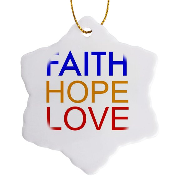 3drose, Faith Hope Love Blue Orange and Red Letters, 3 inch Snowflake Porcelain Ornament
