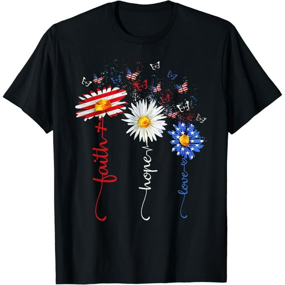 Faith Hope Love Butterfly Daisy Christians God 4th Of July T-Shirt