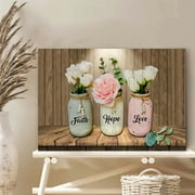 Faith Hope Love Canvas Wall Art – Rustic Mason Jar Floral Print – Farmhouse Christian Inspirational Decor for Women, Home, or Office – Romantic Peony and Rose Artwork – Ready to Hang