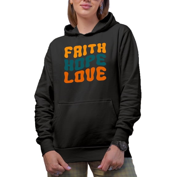 Faith Hope Love, Christian, Scripture or Bible Verse Themed, Groovy Retro Wavy Text Merch Gift, Black Hooded Sweatshirt or Hoodie, Small