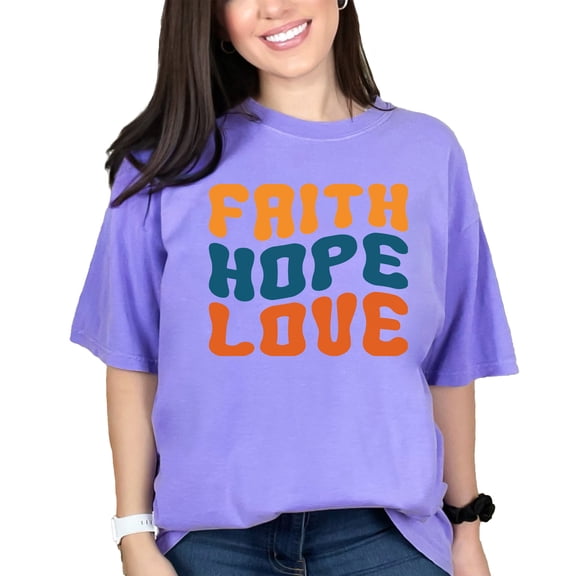 Faith Hope Love, Christian, Scripture or Bible Verse Themed, Groovy Retro Wavy Text, Violet Comfort Colors T-Shirt, Medium