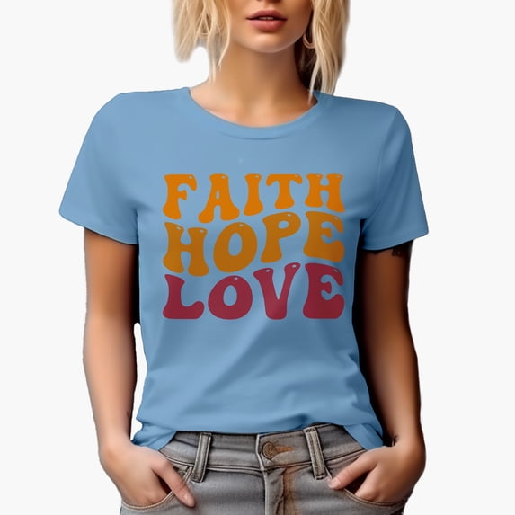 Faith, Hope, Love, Christian Themed, Groovy Retro Wavy Text Merch Gift, Baby Blue T-Shirt, Medium