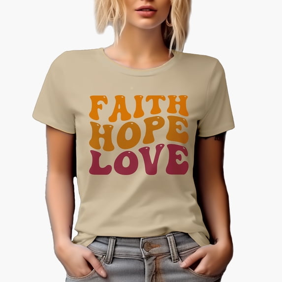 Faith, Hope, Love, Christian Themed, Groovy Retro Wavy Text Merch Gift, Tan T-Shirt, Medium