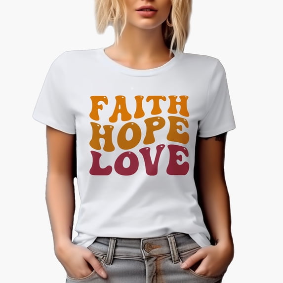 Faith, Hope, Love, Christian Themed, Groovy Retro Wavy Text Merch Gift, White T-Shirt, Medium