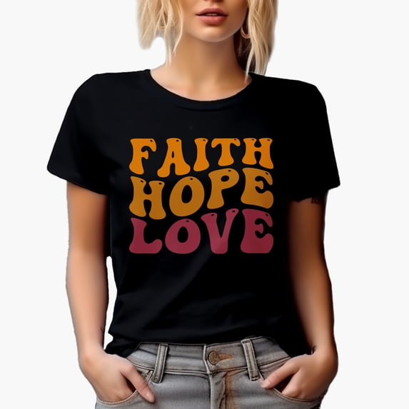 Faith Hope Love, Christian or Scripture Themed, Groovy Retro Wavy Text Merch Gift, Black T-Shirt, XL
