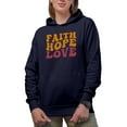 thumbnail image 1 of Faith Hope Love, Christian or Scripture Themed, Groovy Retro Wavy Text Merch Gift, Navy Blue Hooded Sweatshirt or Hoodie, 2XL, 1 of 5