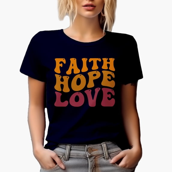 Faith Hope Love, Christian or Scripture Themed, Groovy Retro Wavy Text Merch Gift, Navy Blue T-Shirt, XL