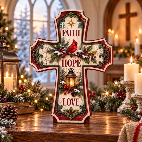 Faith Hope Love Cross Tabletop Decor With Cardinal Christmas Design ...