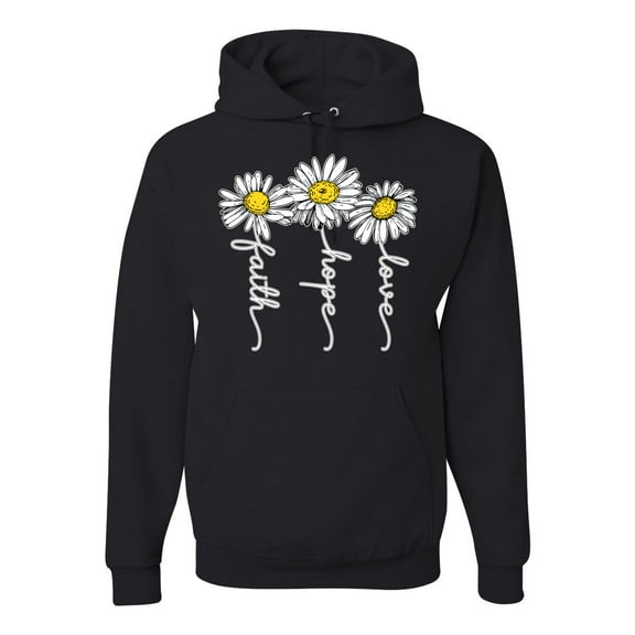 Faith Hope Love Daisy Flower Christian God Religious Inspirational/Christian Unisex Graphic Hoodie Sweatshirt, Black, Small