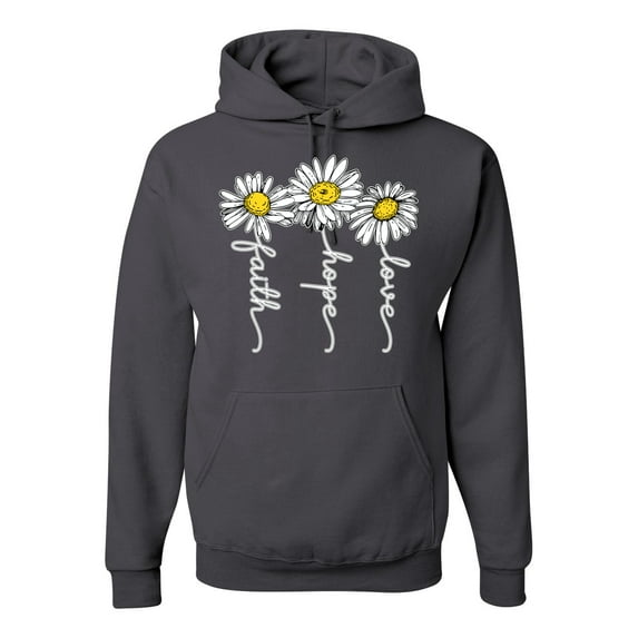 Faith Hope Love Daisy Flower Christian God Religious Inspirational/Christian Unisex Graphic Hoodie Sweatshirt, Charcoal, Large