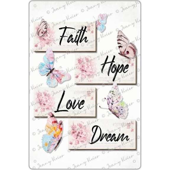 Faith Hope Love Dream Metal Sign Elegant Spring Butterfly Tin Sign Rustic Farmhouse Sign for Bedroom Living Room Kitchen School Classroom Nursery Accessories, Christmas New Home Gift 5.5x8 Inches