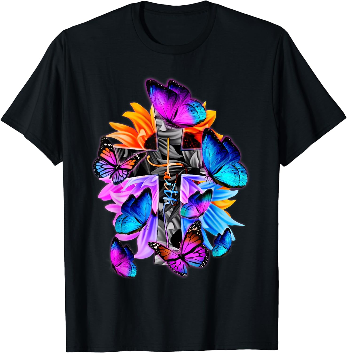 Faith-Hope-Love God Jesus Christ Cross Butterflies Floral T-Shirt Black ...
