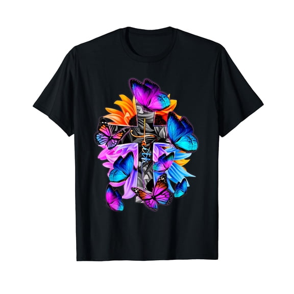 Faith-Hope-Love God Jesus Christ Cross Butterflies Floral T-Shirt
