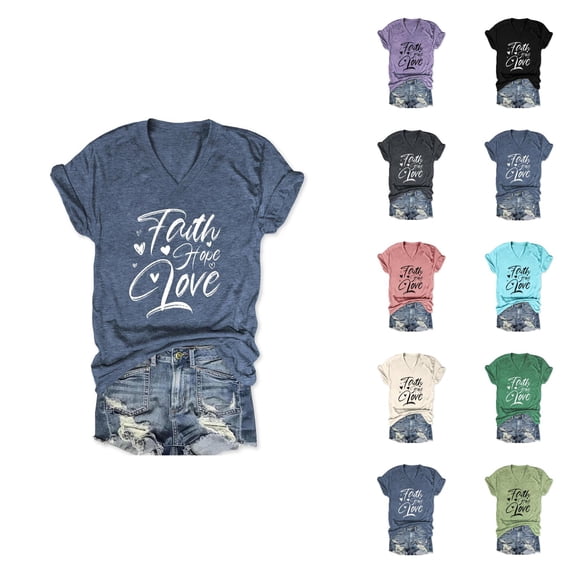 Faith Hope Love Graphic Tees for Women 2026 Summer Short Sleeve V Neck Positive Inspirational Tshirt