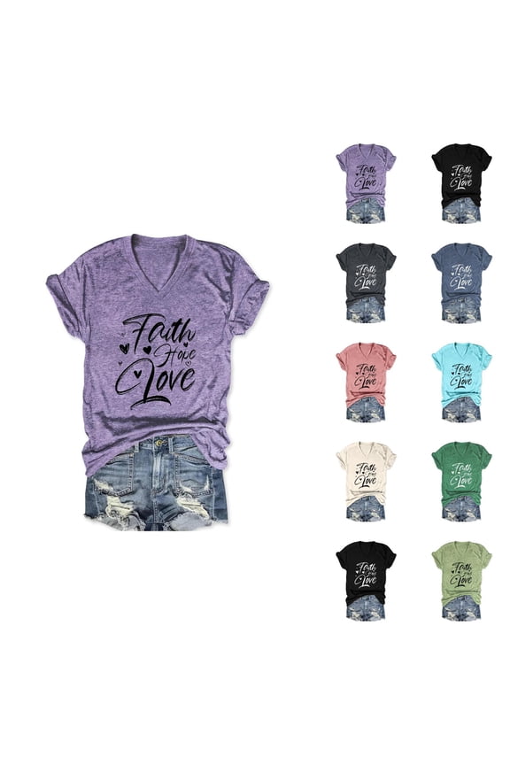 Faith Hope Love Graphic Tees for Women 2026 Summer Short Sleeve V Neck Positive Inspirational Tshirt