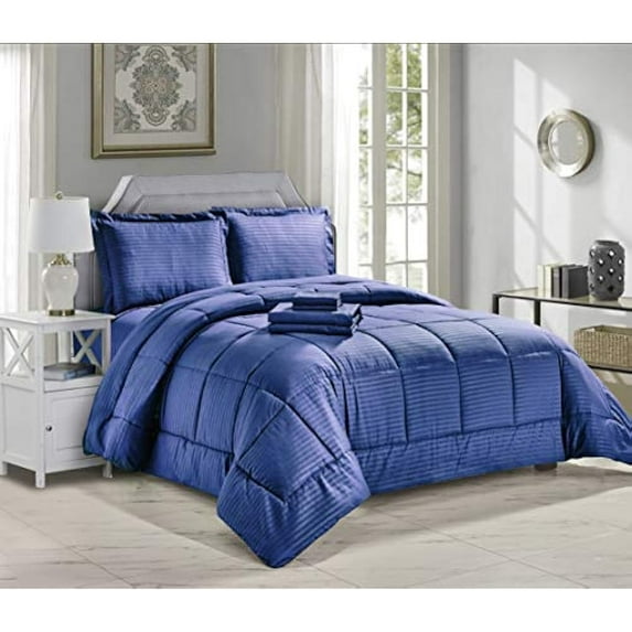 Faith, Hope, Love Home Décor Home Essentials 8 Piece Embossed Stripe Bed in a Bag - Embossed.8PC.QN.Navy