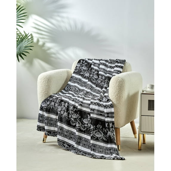Faith, Hope, Love Home Décor Luxury Elegance Microplush Throw Blanket (50" x 60") - Black & White Floral Stripe