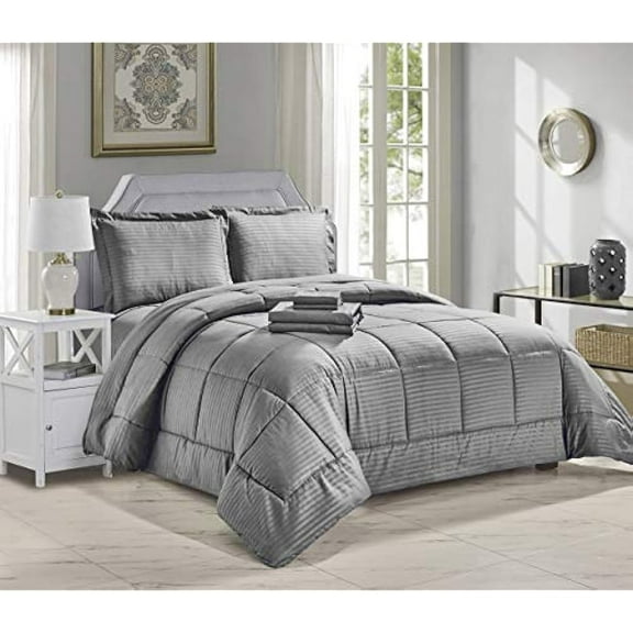 Faith, Hope, Love Home Dcor Ultra Lush Queen Size Down Alternative 8 Piece Bed in a Bag Embossed Stripe Comforter Set - Grey