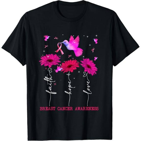 Faith Hope Love Hummingbird Ribbon Breast Cancer Warrior T-ShirtMen and women can wear, black T-shirts, gifts. Age: M,L,XL 2XL, 3XL, 115XL