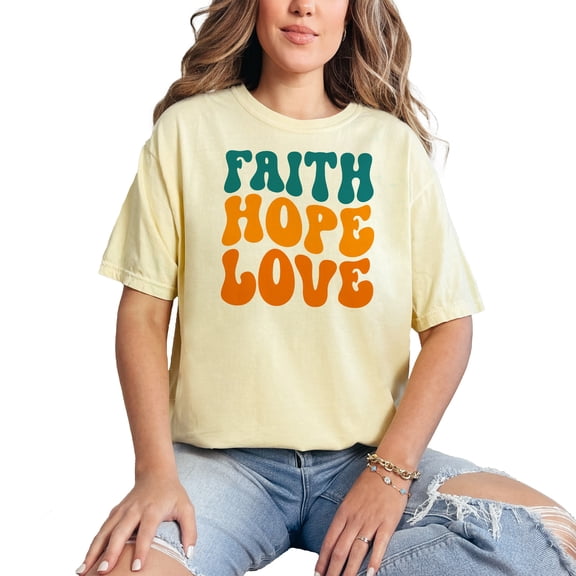 Faith, Hope, Love, Inspirational Christian Themed, Groovy Retro Wavy Text, Butter Comfort Colors T-Shirt, XL