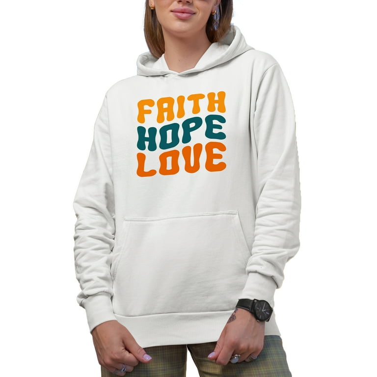 Faith Hope Love Inspirational Words Groovy Retro Wavy Text Merch Gift White Hooded Sweatshirt or Hoodie Large