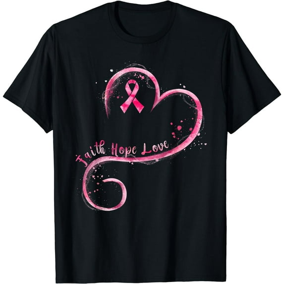 Faith Hope Love Pink Ribbon Breast Cancer Awareness T-Shirt Black 2X-Large