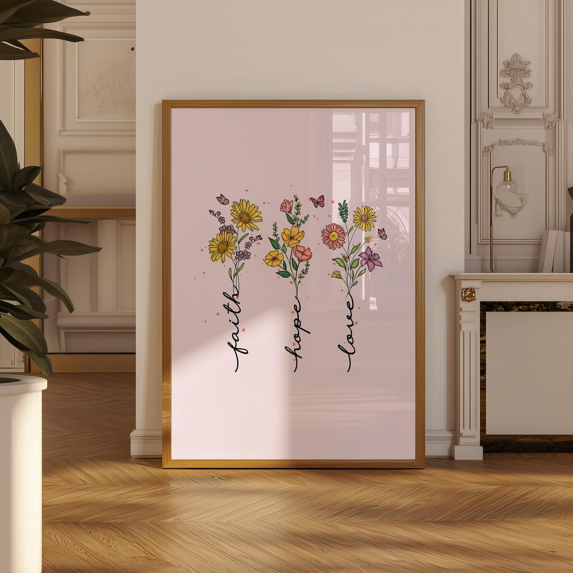 Faith Hope Love Print Floral Bible Verse Wall Art, Stretched Canvas ...