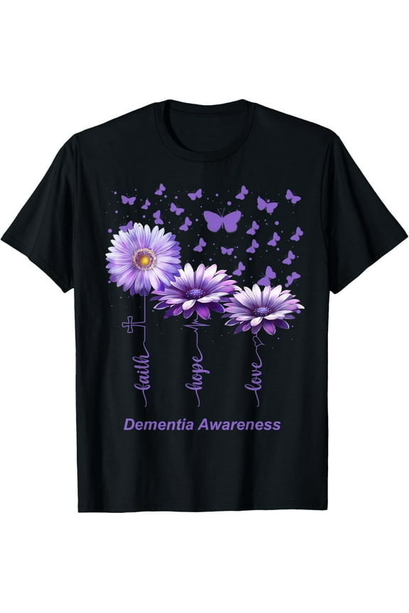 Faith Hope Love Purple Flower Ribbon Dementia Awareness T-ShirtMen and women can wear, black T-shirts, gifts. Age: M,L,XL 2XL, 3XL, 462XL