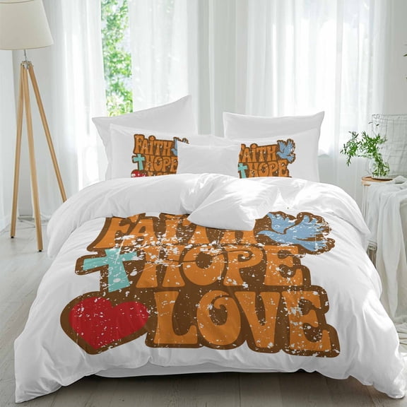 Faith Hope Love Queen Size Comforter Set, Pigeon Love Heart Vintage Bedding for All Seasons, 4 Pcs Bed Set, 1Quiltcover (90"x92") ,1Sheet(94"x116"), 2Pillowcases (30"x20")