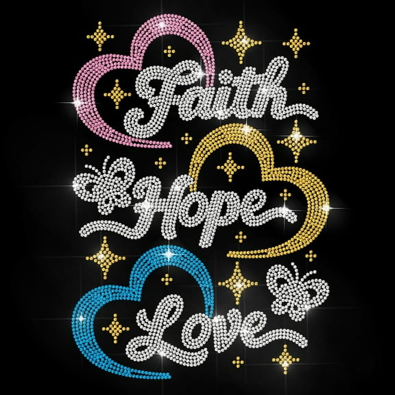 Faith Hope Love Rhinestone Iron on Decal Colorful Love Hotfix Transfer Sticker Star Butterfly Heat Transfer Patch Bling Clothing Repair Applique