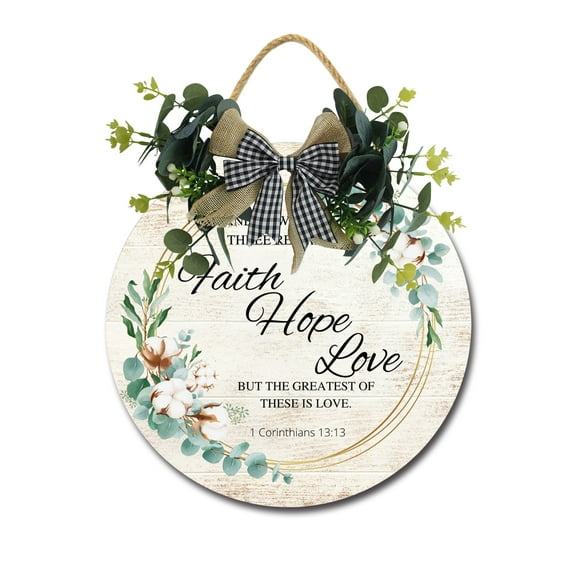 Faith Hope Love Sign Front for Door Decoration, 12 in Round Wood Wreaths Wall Hanging Outdoor, Farmhouse, Porch, for Spring Summer Fall All Seasons Holiday Christmas
