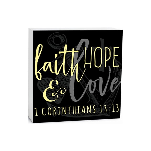 Faith Hope Love Slate Grey Anchor Heart 5 x 5 Wood Tabletop Sign Plaque