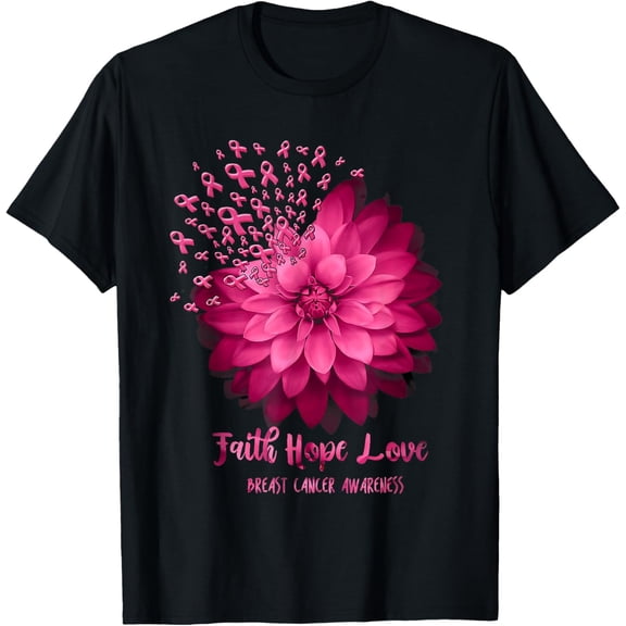 Faith Hope Love Sunflower Pink Ribbon Breast Cancer Warrior T-ShirtMen and women can wear, black T-shirts, gifts. Age: M,L,XL 2XL, 3XL, 117XL