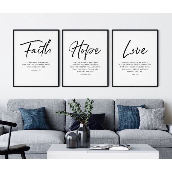 Faith Hope Love Wall Art Minimalist Decor Hebrews 11 Jeremiah 29 John 3 Wall Art Set Modern Framed Wall Art Canvas 3 Piece Wall Art for Living Room Christian with Inner Frame
