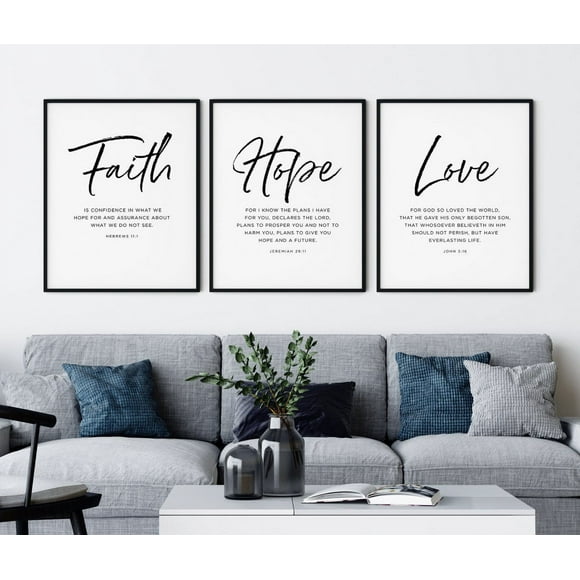 Faith Hope Love Wall Art Minimalist Decor Hebrews 11 Jeremiah 29 John 3 Wall Art Set Modern Framed Wall Art Canvas 3 Piece Wall Art for Living Room Christian with Inner Frame
