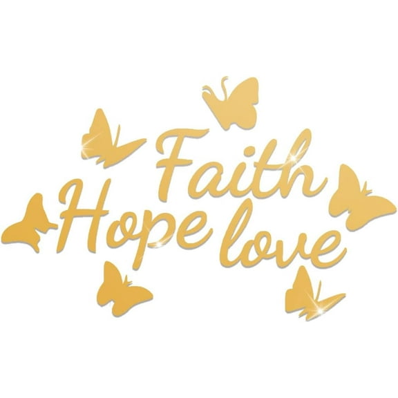 Faith Hope Love Wall Sticker Gold Word Wall Stickers Butterfly Insect Acrylic Mirror Pattern Art Mural Detachable Decal Sets for DIY Home Living Room Bedroom Decoration 11.81 x 9.17 Inch 1sheet