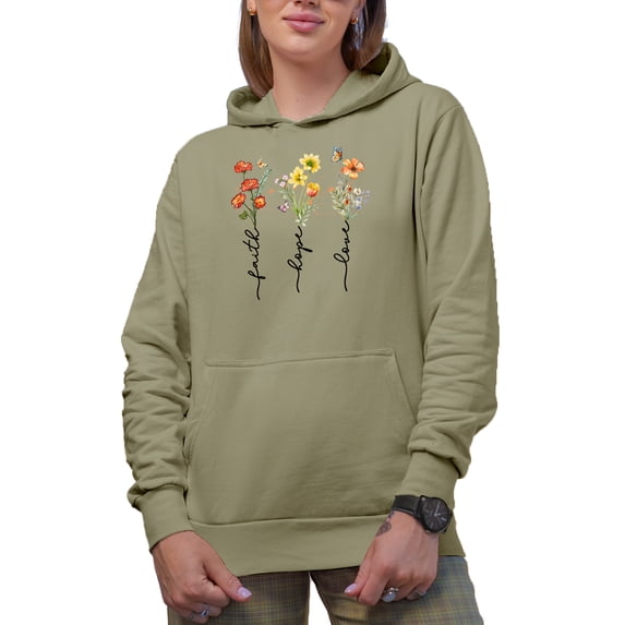 Faith, Hope, Love with Flowers Art Merch Gift, Sand Hooded Sweatshirt or Hoodie, 3XL