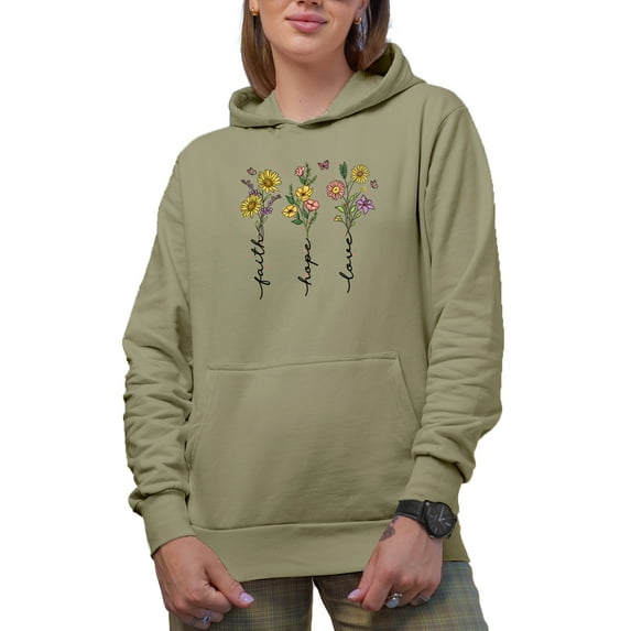 Faith Hope Love with Hand Drawn & Watercolor Flowers Art Merch Gift, Sand Hooded Sweatshirt or Hoodie, 2XL